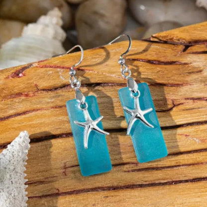 Beach Sea Glass Earrings Blue Silver Starfish Pierced Hooks Turquoise Dangles